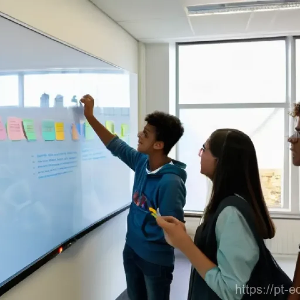 학생의 목소리를 반영한 파트너십 설계 - **Prompt:** A dynamic and brightly lit classroom scene in a modern Portuguese high school. A diverse...
