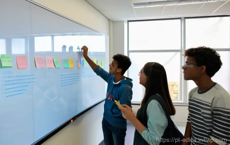 학생의 목소리를 반영한 파트너십 설계 - **Prompt:** A dynamic and brightly lit classroom scene in a modern Portuguese high school. A diverse...