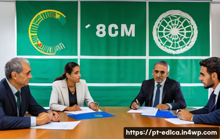 교육적 파트너십의 법적 고려 사항 - A professional meeting scene between representatives of two educational institutions in Brazil, seat...