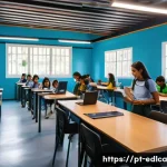 Home 18 지역 기업과의 교육적 파트너십 전략 - A vibrant classroom scene in a Brazilian technical school where diverse students wearing casual clot...